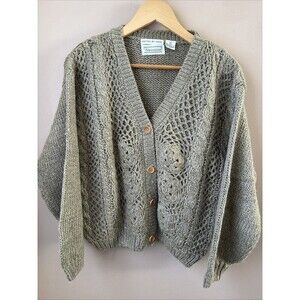 Vintage Shenanigans Ramie Blend Cardigan M Green Cable Knit Sweater